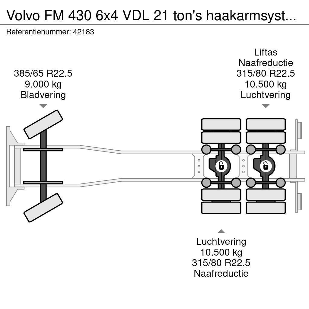 Volvo FM 430 6x4 VDL 21 ton's haakarmsysteem + Hefbare a Treileri ar āķi