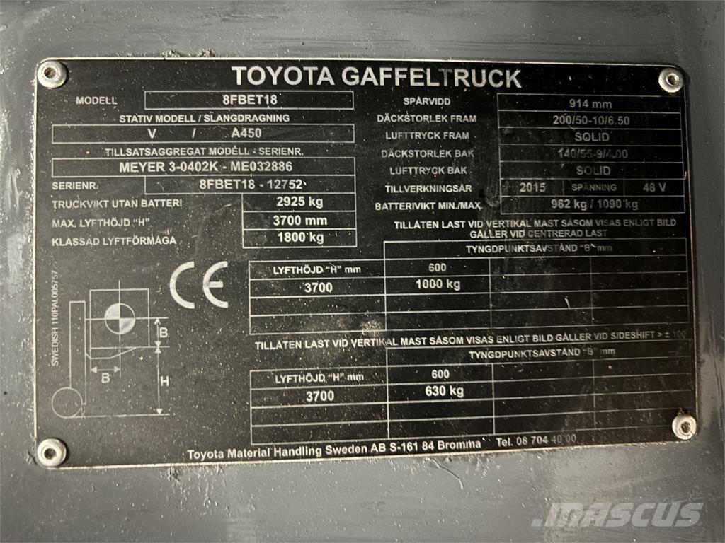 Toyota 8FBET18 Elektriskie iekrāvēji