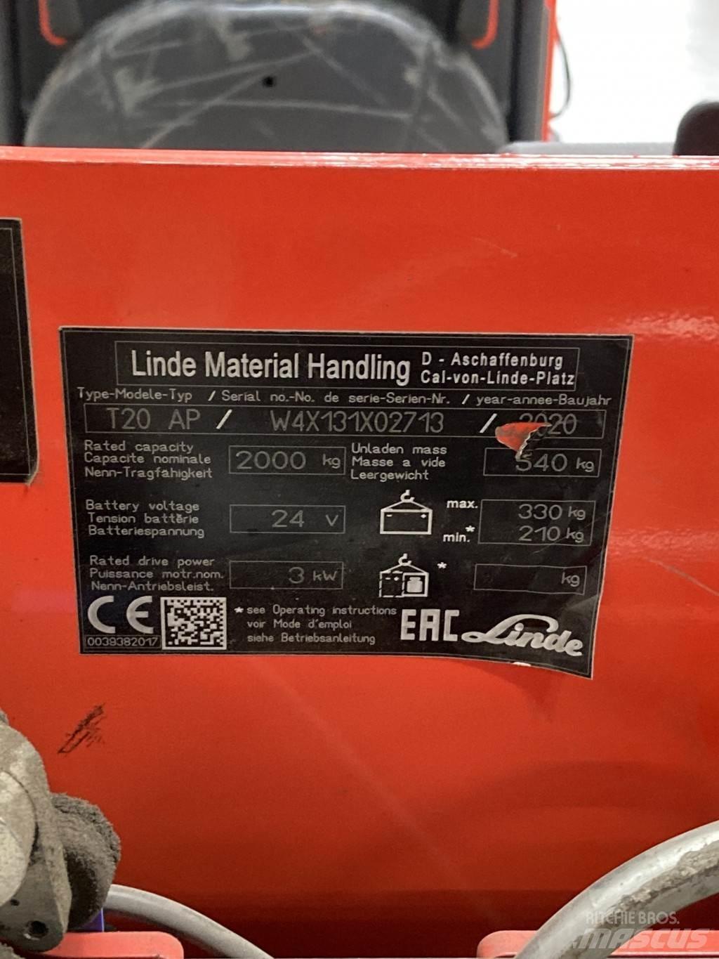 Linde T20AP kurz Zemie palešu pacēlāji