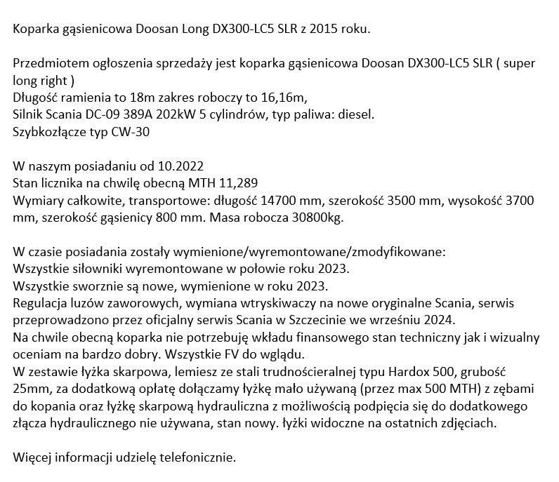 Doosan DX 300 LC-5 Ekskavatori tālās sniedzamības darbiem
