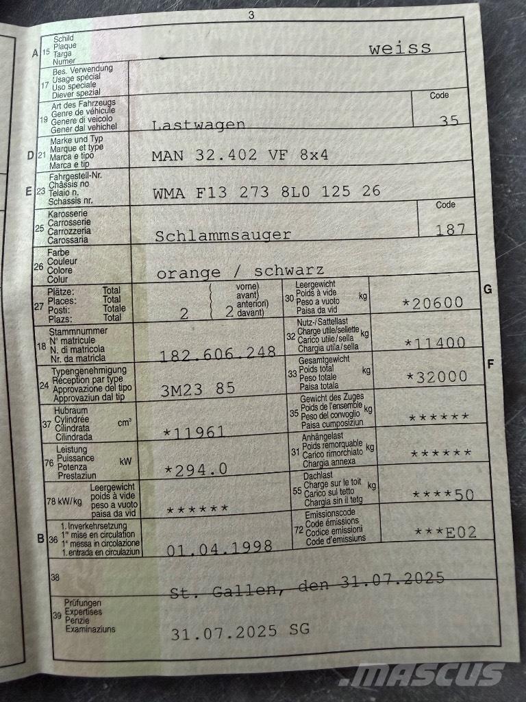 MAN 32.402 VF 8x4 Kombinētās vakumsūkņa mašīnas