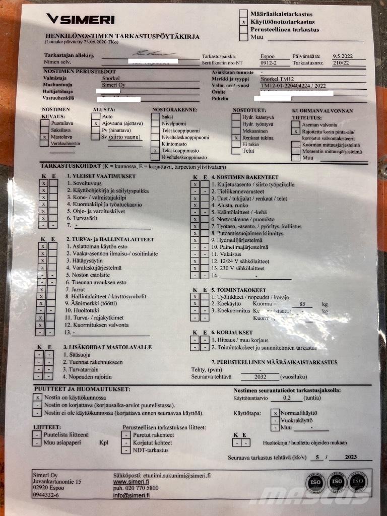 Snorkel TM 12 Vertikālie pacēlāji