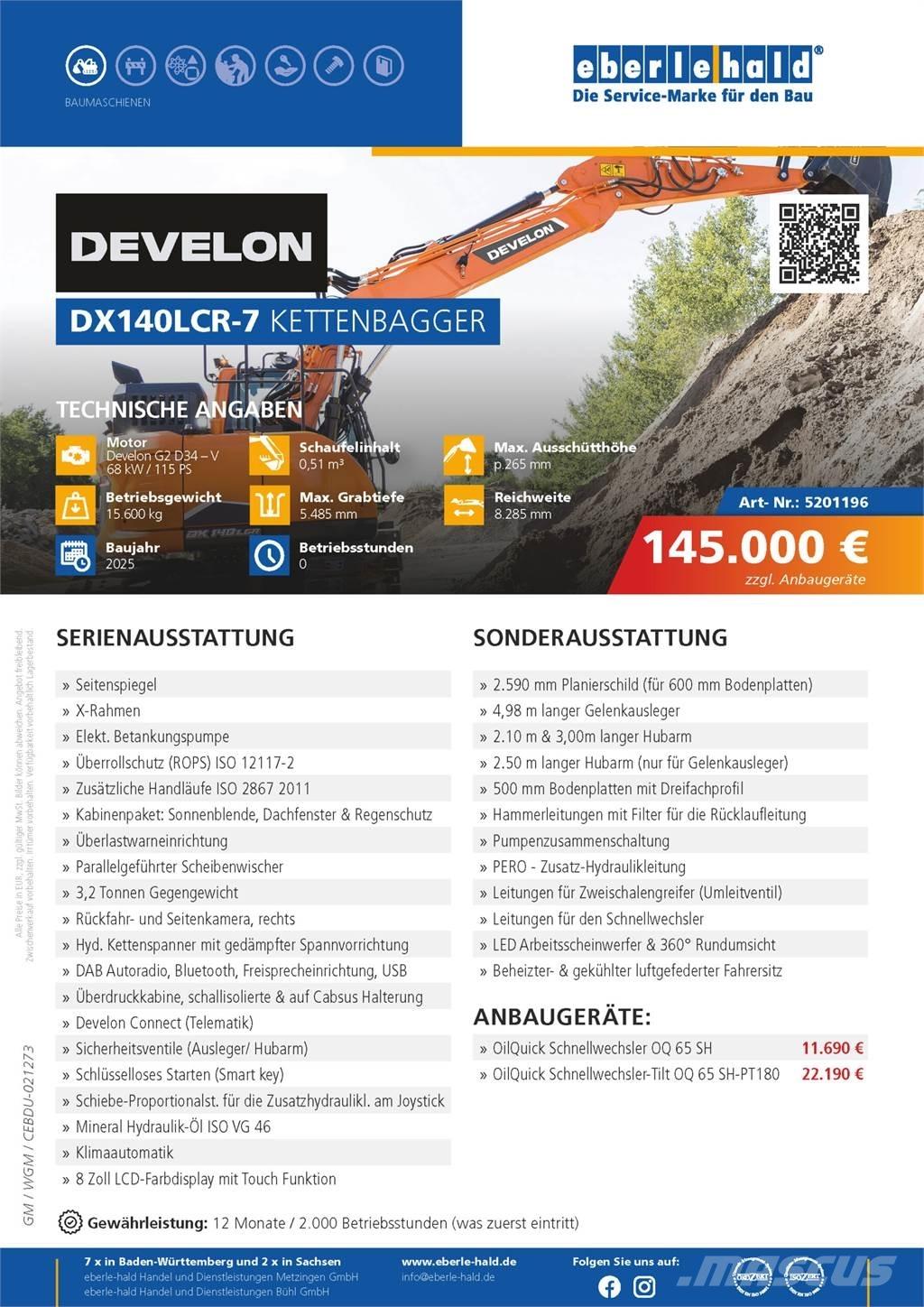 Develon DX140LCR-7 Kāpurķēžu ekskavatori