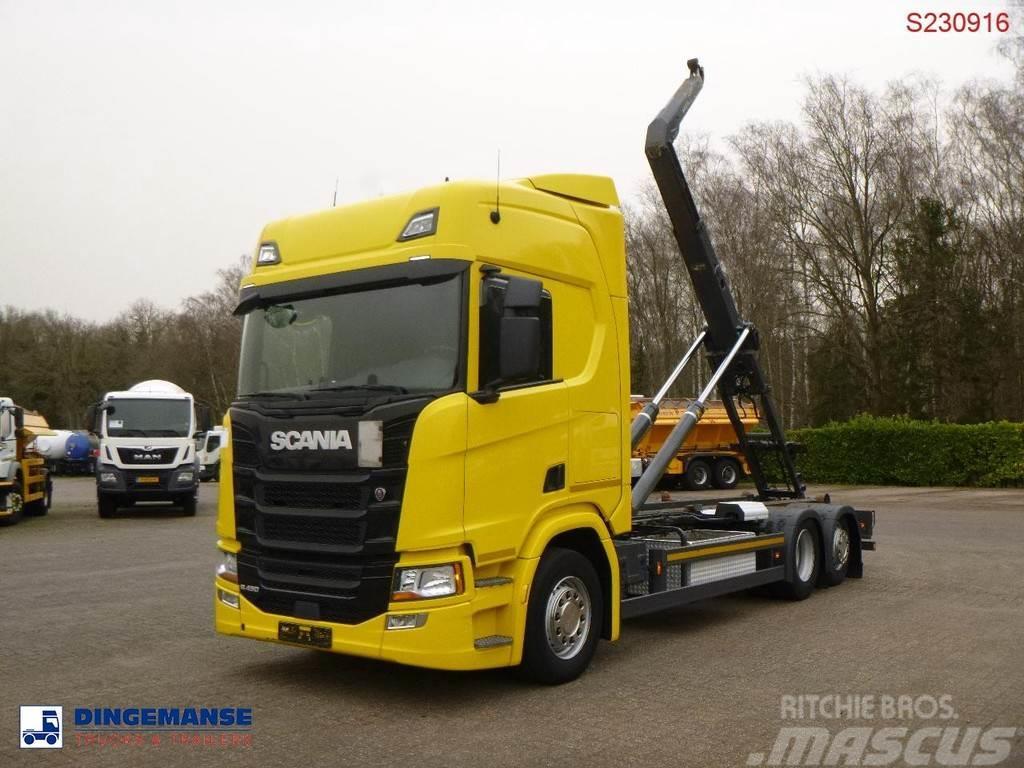 Scania R450 6x2 Euro 6C + Retarder + Meiller container ho Treileri ar āķi