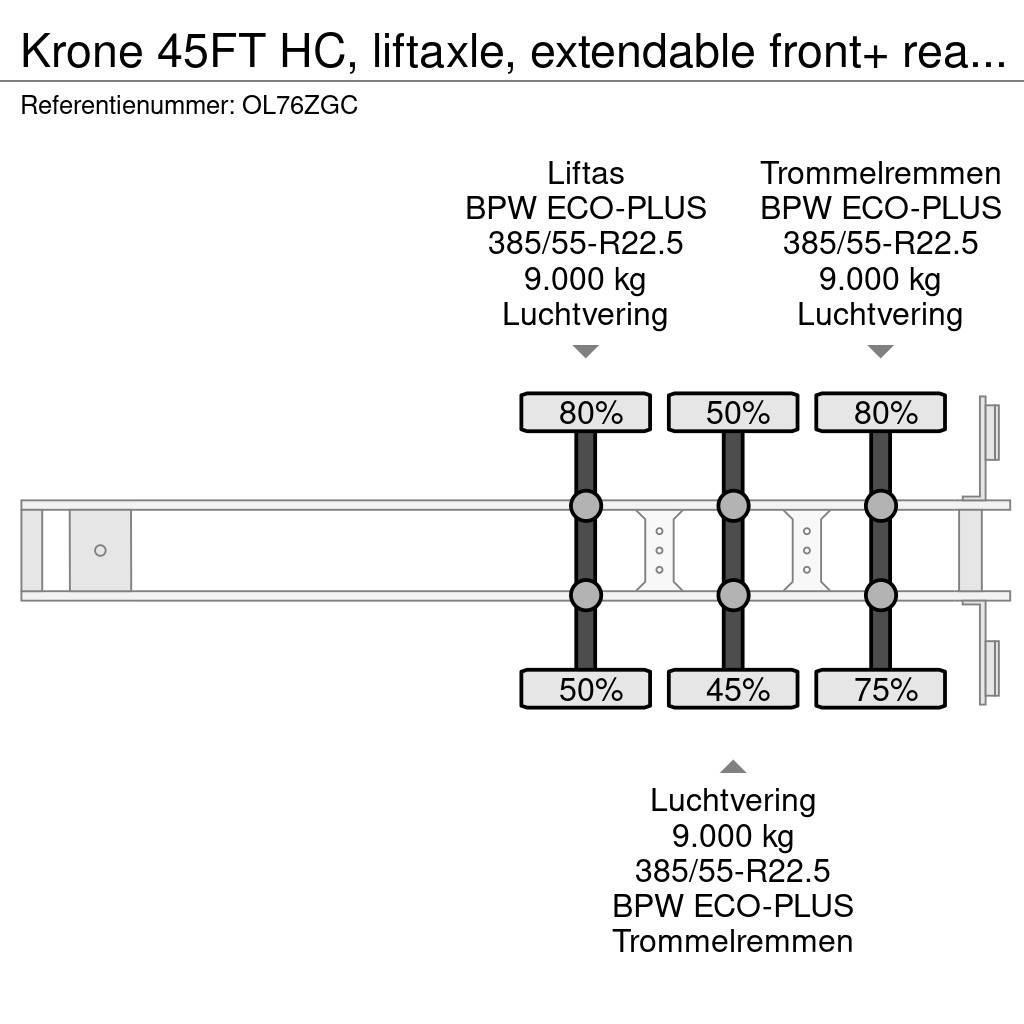 Krone 45FT HC, liftaxle, extendable front+ rear+ bumper, Konteinertreileri