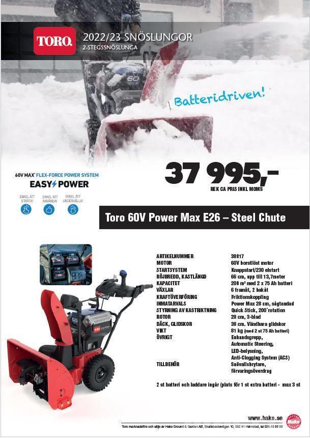 Toro Power Max E26 Batteridriven 2-stegs snöslunga Sniega metēji