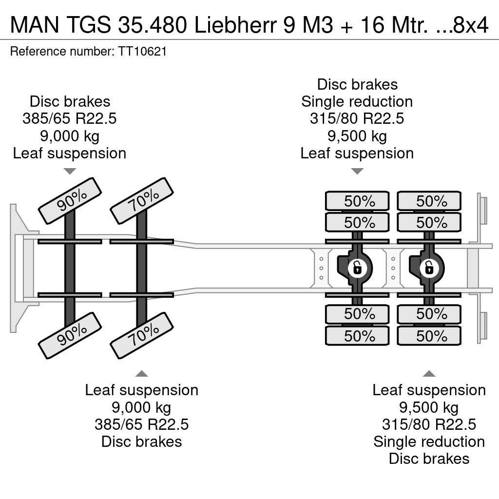 MAN TGS 35.480 Liebherr 9 M3 + 16 Mtr. Belt/Band/Förde Betonvedēji